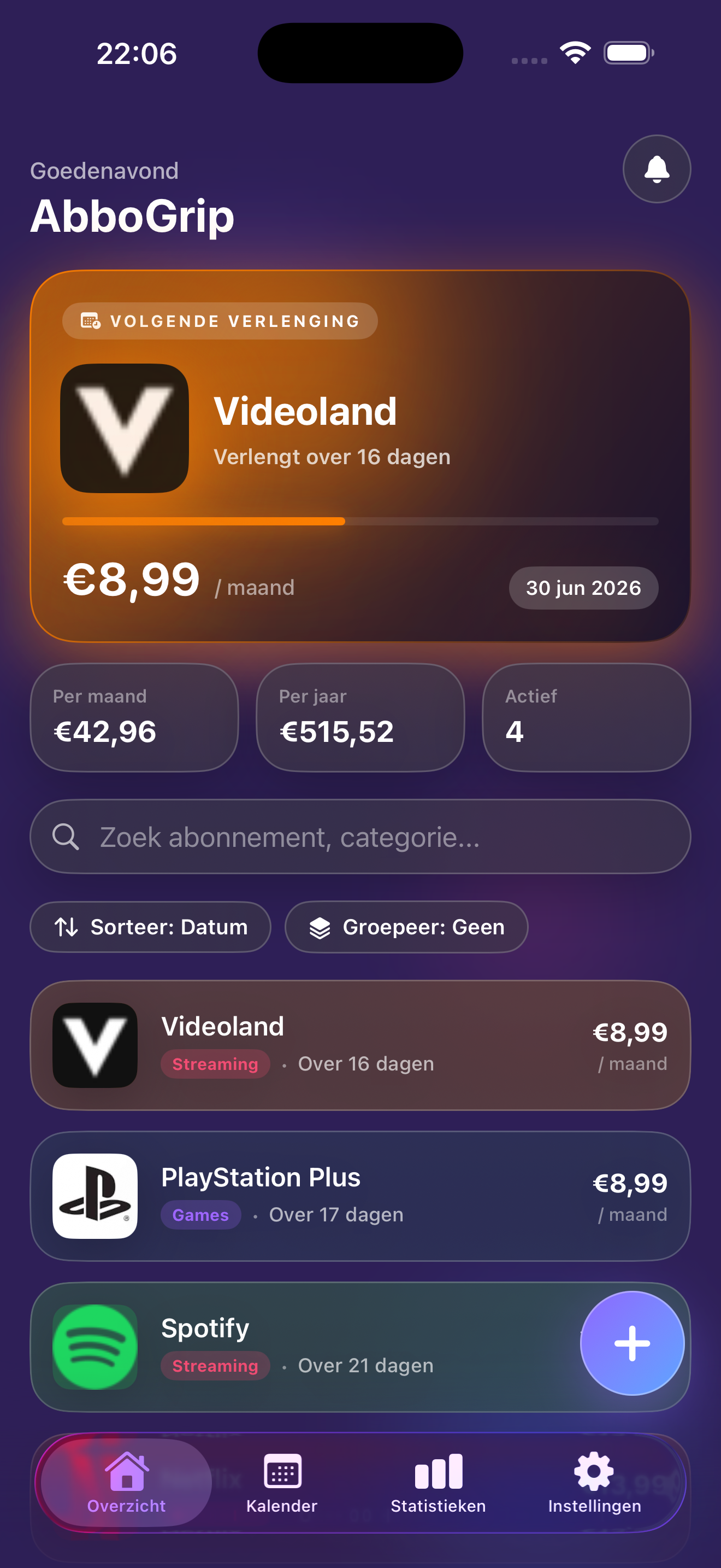 AbboGrip app scherm — abonnementenoverzicht